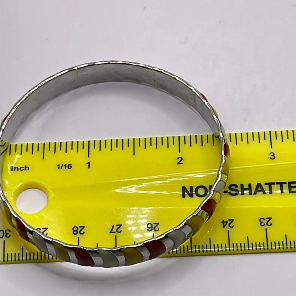 Vintage striped enamel Colorful Silvertone Bangle Bracelet yellow red cream